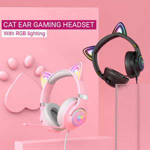 Pink Cat Ear Gaming Headset Microphone RGB Lighting 3.5mm Jack