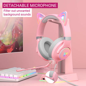 Pink Cat Ear Gaming Headset Noise Reduction Microphone RGB 3.5mm Jack
