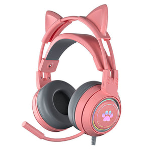 Pink Cat Headset Microphone 3.5mm Jack USB LED Paw