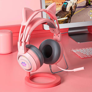 Pink Cat Headset Microphone 3.5mm Jack USB LED Paw Gamer