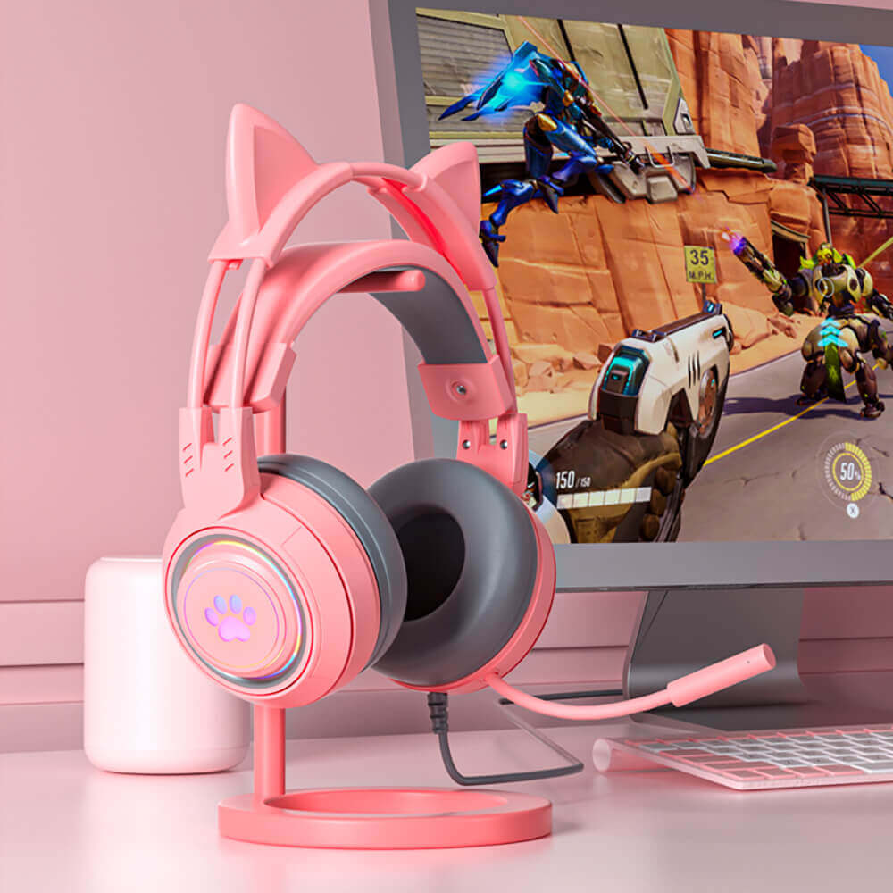 Pink Cat Headset Microphone 3.5mm Jack USB LED Paw Gaming