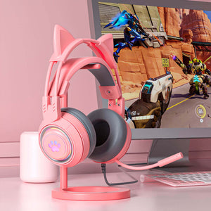 Pink Cat Headset Microphone 3.5mm Jack USB LED Paw Gaming