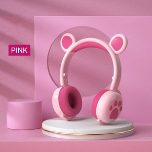 Pink Cute Bear Ear Headphones Bluetooth 5.0 RGB Kids
