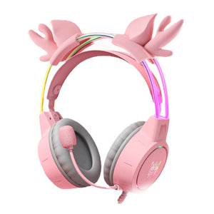 Pink Cute RGB Deer Antler Headset Microphone 3.5mm Jack USB