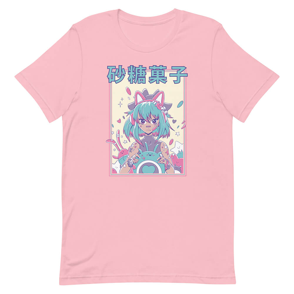 Pink Happy Anime Girl Shirt Kitty Headphones Nose Plaster