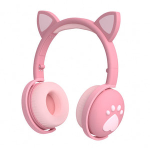 Pink Kawaii Cat Ear Headphones Paw LED Wireless