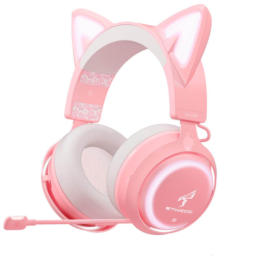Pink Kawaii Cat Gaming Headset Microphone 3.5mm Jack LED