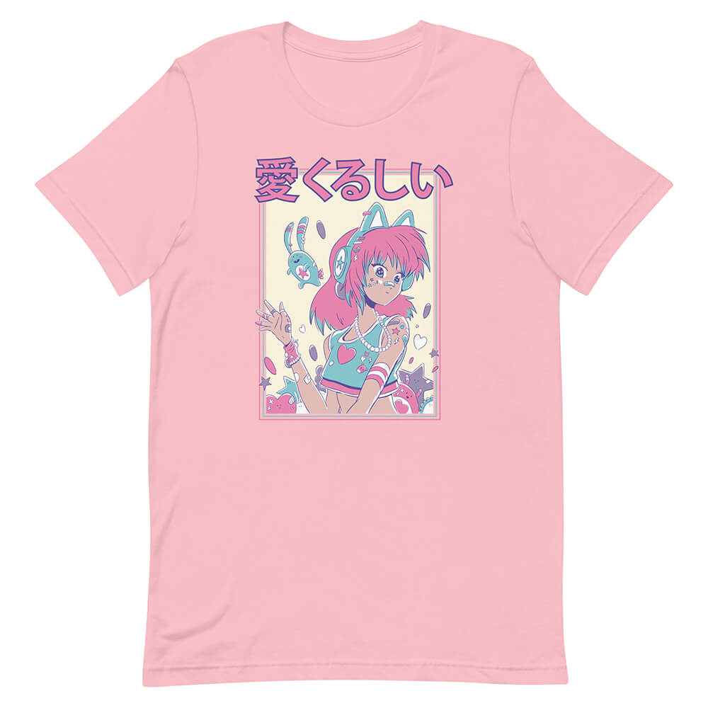 Pink Manga Pastel Girl Cat Headphones Shirt Hand Wave