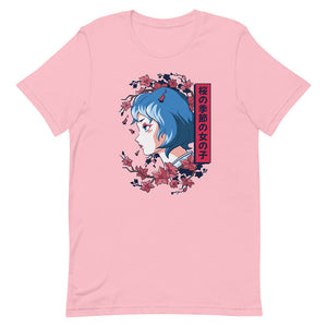 Pink Mature Blue Hair Anime Woman Shirt Sakura Flower