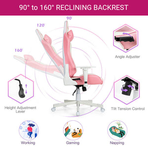 Pink Racing Gaming Chair 90° to 160° Reclining Back Seat Armrest