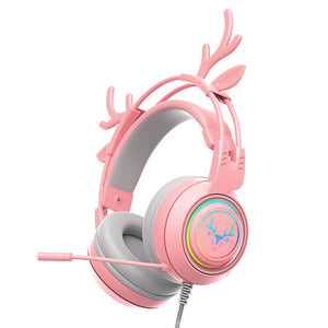 Pink RGB Deer Ear Headset Microphone 3.5mm Jack USB