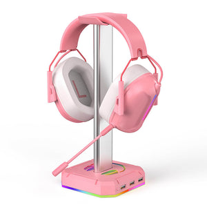 Pink Triple USB 2.0 Headset Stand RGB Lighting in Use