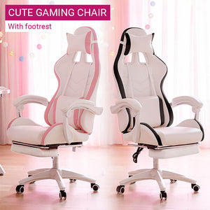 Pretty Double Color Design Gaming Chair Footrest Rectractable Armrest Pink White Black Models