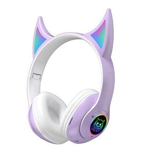Purple Bluetooth 5.0 Demon Ear Headphones Mic LED Light