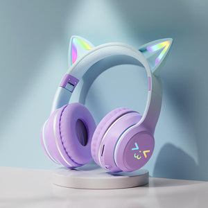 Purple Bluetooth 5.1 Gradient Kitty UwU Headphones RGB 3.5mm Jack
