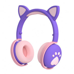 Purple Kawaii Cat Ear Headphones Paw LED Wireless