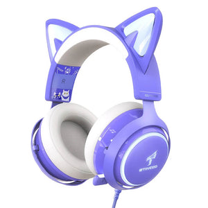 Medium Purple Kawaii Cat Gaming Headset Microphone 3.5mm Jack LED