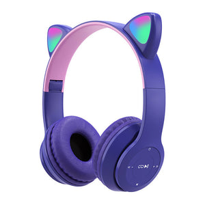 Purple Wireless Kitty Ear Headphones Mic RGB Children