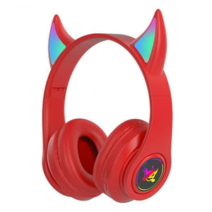 Red Bluetooth 5.0 Little Devil Horn Headphones Mic RGB