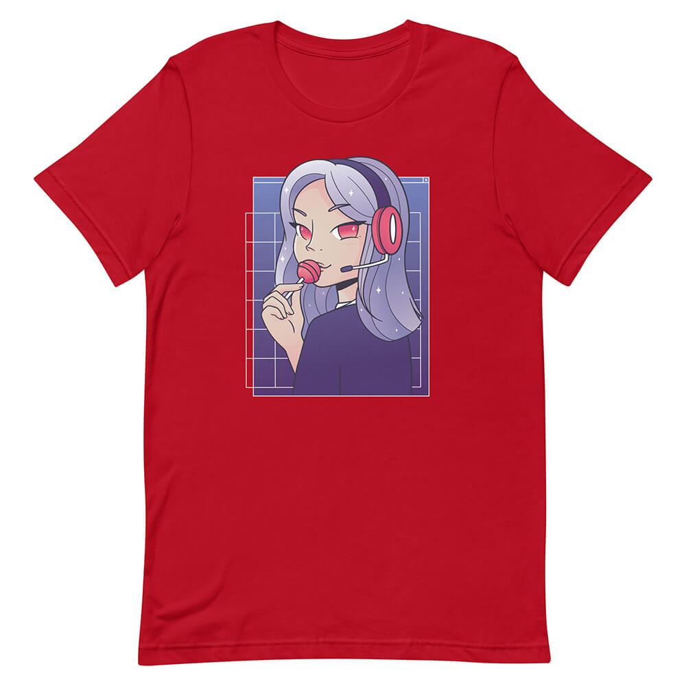 Red Cute Purple Hair Gamer Girl Tee Lollipop Headset