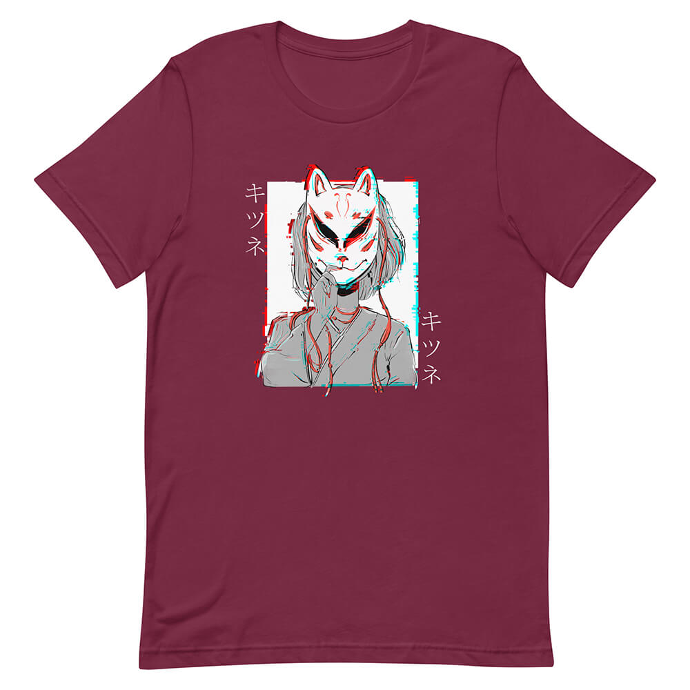 Red Glitchy Cyber Kitsune Mask Girl Shirt Short Hair