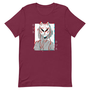 Red Glitchy Cyber Kitsune Mask Girl Shirt Short Hair