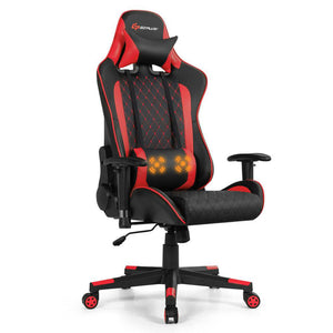 Red Massage Lumbar Cushion Racing Gaming Chair Reclining Backrest