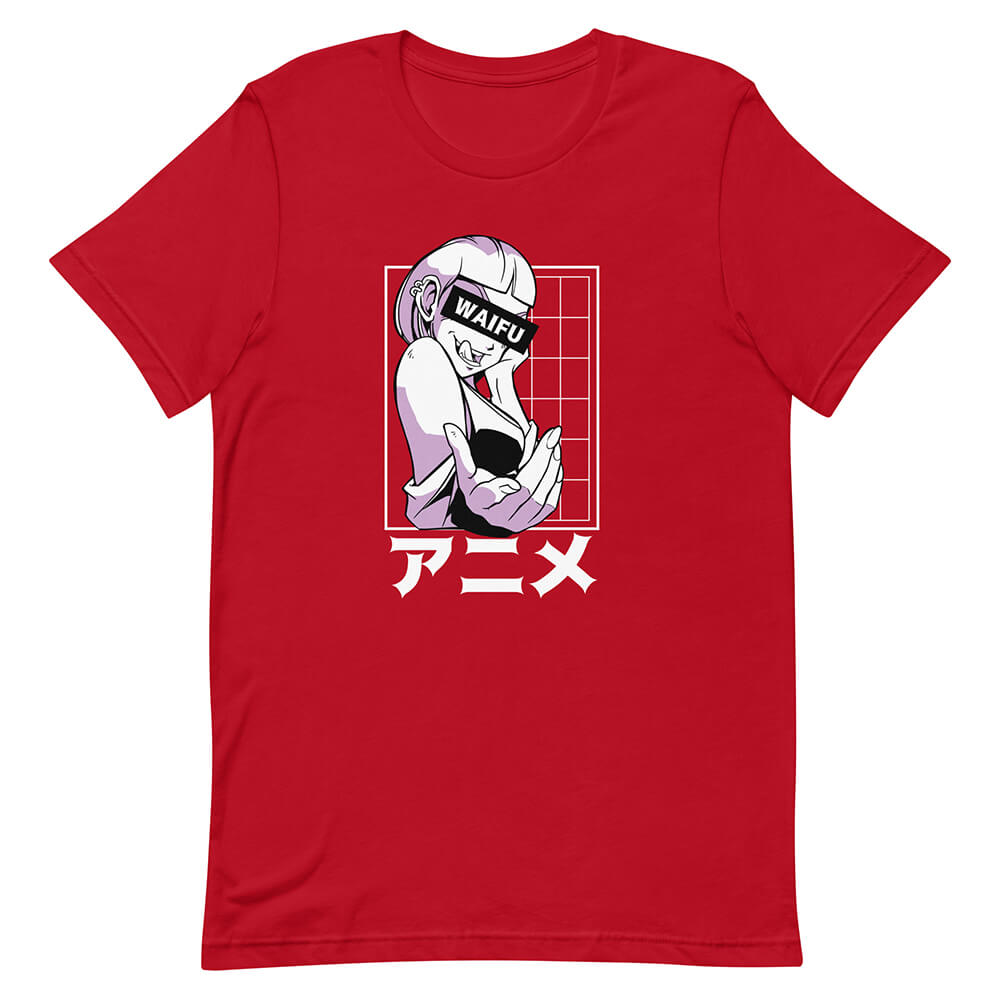 Red Provocative Anime Waifu Tee Stylish Bobbed Haircut Earrings