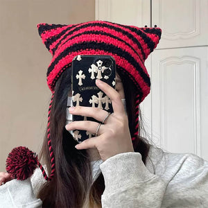 Red Striped Little Imp Horn Knit Beanie Girl Picture