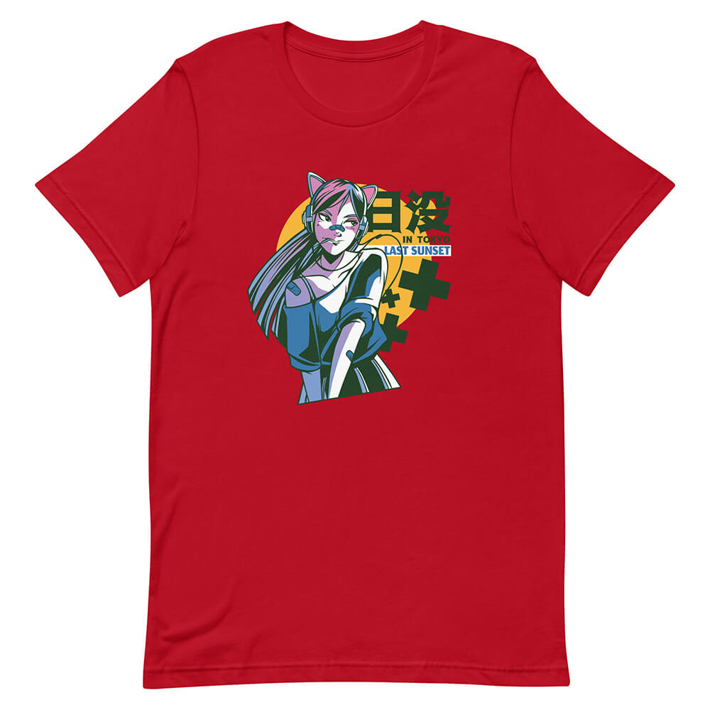Red Stylish Anime Girl Cat Headphones Tee Urban Modern