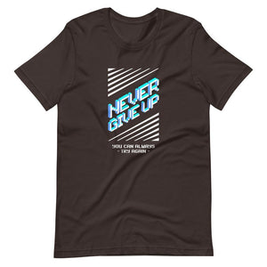 Retro Gaming T-Shirt - Never Give Up You can Always Try Again - Pixelated - Brown - Dubsnatch