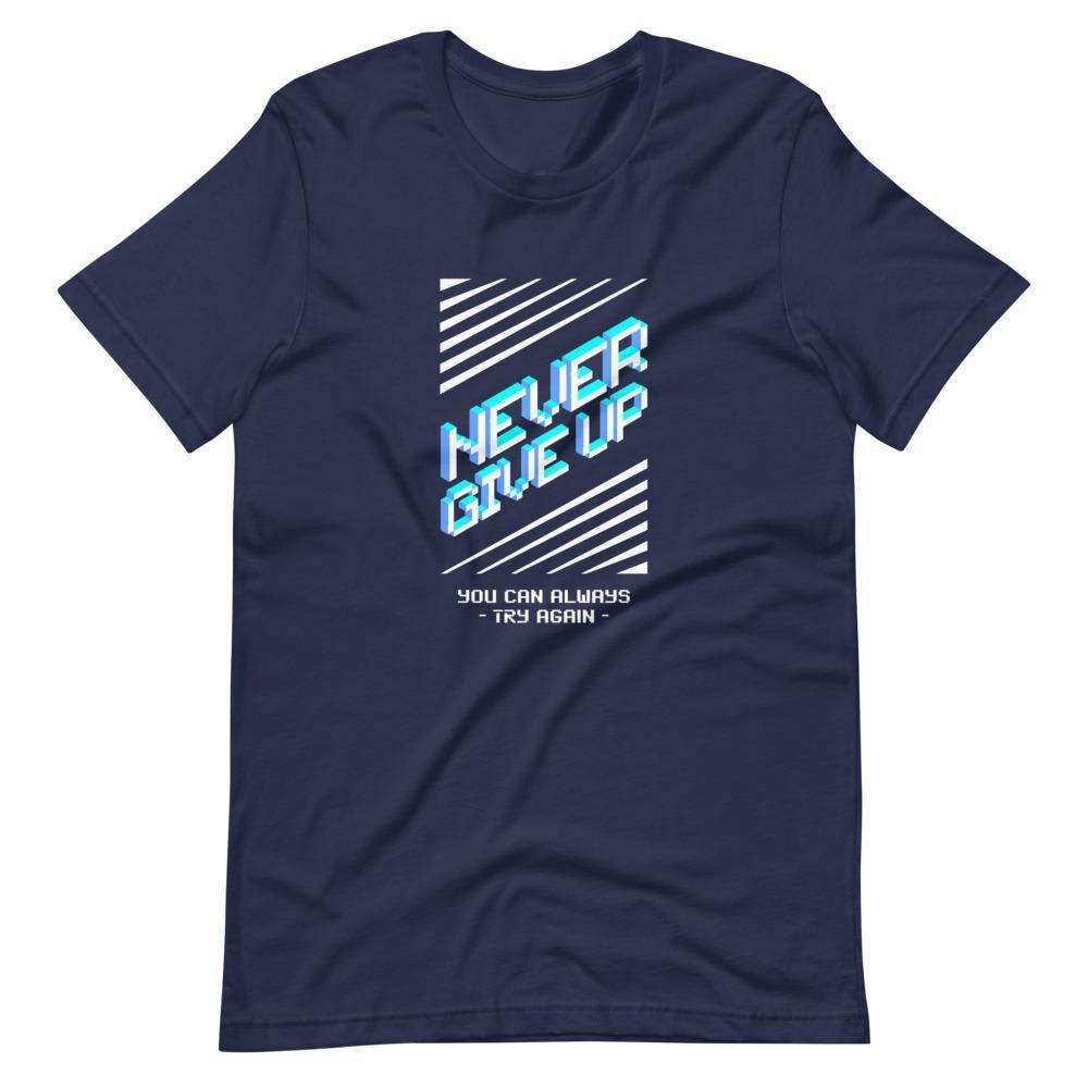 Retro Gaming T-Shirt - Never Give Up You can Always Try Again - Pixelated - Navy - Dubsnatch