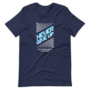 Retro Gaming T-Shirt - Never Give Up You can Always Try Again - Pixelated - Navy - Dubsnatch