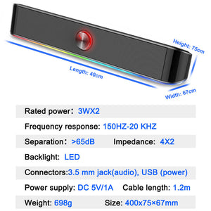 RGB Backlight Stereo Surround Sound Bar 3.5mm AUX USB Specifications