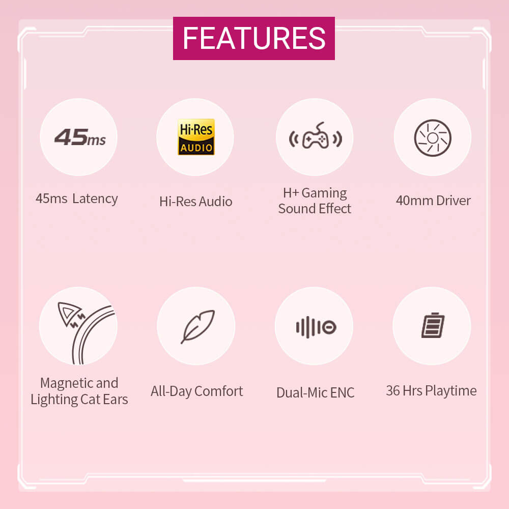 RGB Bluetooth 5.2 Cosplay Cat Headphones Mic Noise Canceling Features