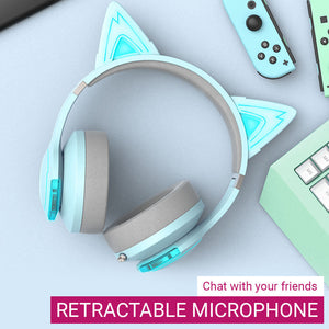 RGB Bluetooth 5.2 Cosplay Cat Headphones Retractable Microphone Noise Canceling