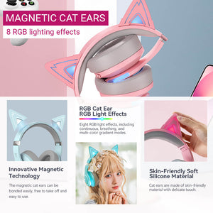 RGB Lighting Bluetooth 5.2 Cosplay Magnetic Cat Ear Headphones Mic Noise Canceling