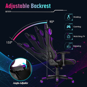 RGB Lighting Gaming Chair 90° to 155° Reclining Backrest Synthetic Leather