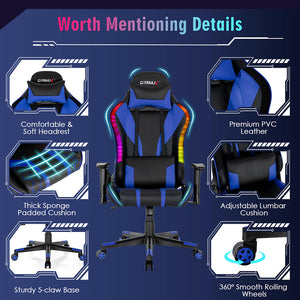 RGB Lighting Gaming Chair Reclining Backrest Synthetic Leather Features