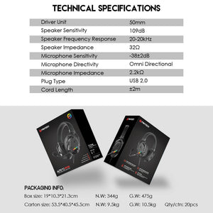 RGB 7.1 Surround Sound Black Gaming Headset Mic USB Technical Specifications