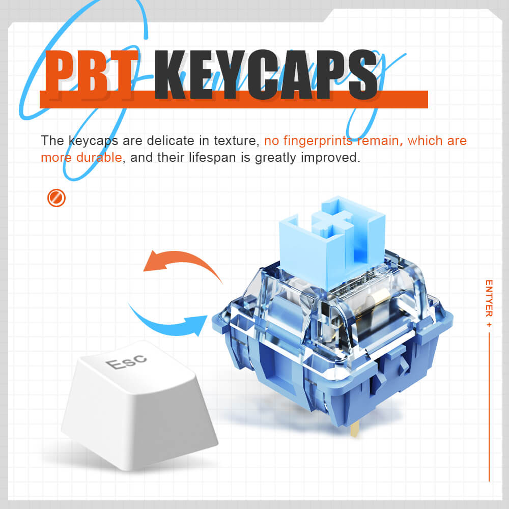 Slim Anime Mechanical Keyboard Hotswap White Backlight USB PBT Keycaps Cyan Switches