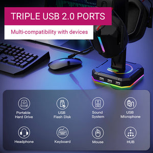 Triple USB 2.0 Headset Stand RGB Lighting Multi Compatibility