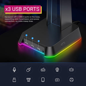 Triple USB Ports Headset Stand RGB 3.5mm Jack