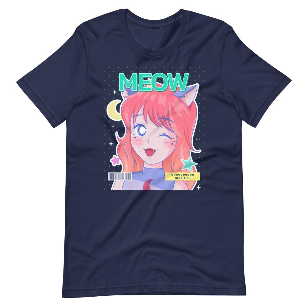 Waifu T-Shirt - Meow - Neko Girl - Navy - Dubsnatch