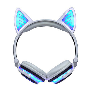 White Blue Bluetooth Hairy Cat Ear Headphones Mic Glowing LED