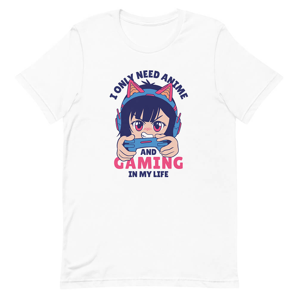 White Blue Hair Playing Cartoonish Girl Shirt Kitty Headset