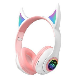 White Bluetooth 5.0 Demon Ear Headphones Mic LED Light