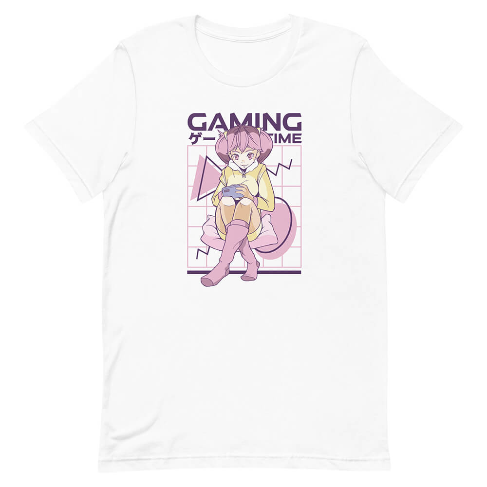 White Casual Gaming Girl Time Shirt Playing Phone