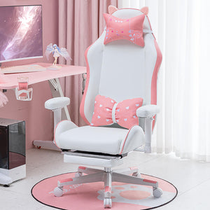 White Cute Kitty Ear Gaming Chair Footrest Reclining Seat