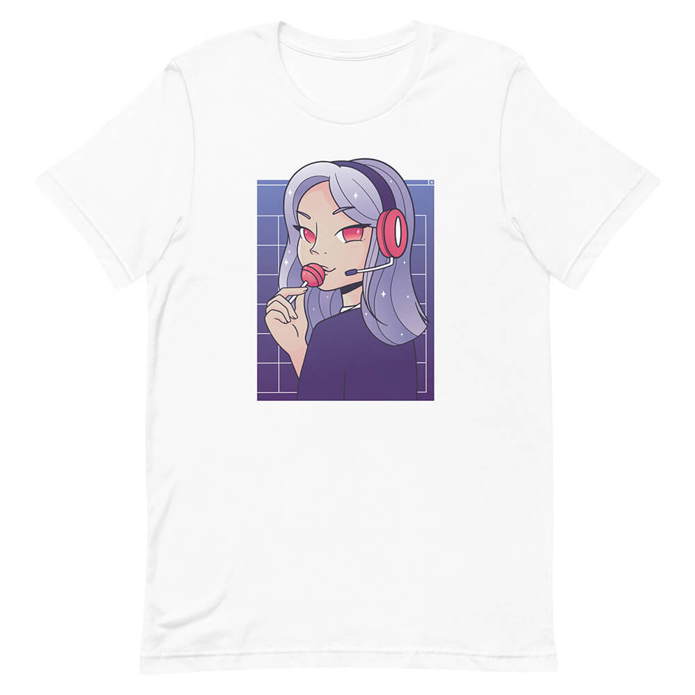 White Cute Purple Hair Gamer Girl Tee Lollipop Headset